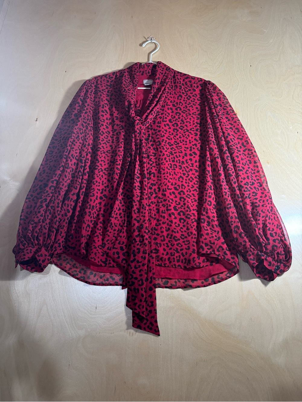 Chico's Red and Black Leopard Tie-Neck Blouse US 12-14